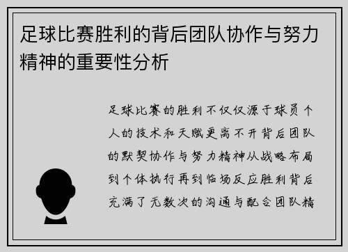 足球比赛胜利的背后团队协作与努力精神的重要性分析